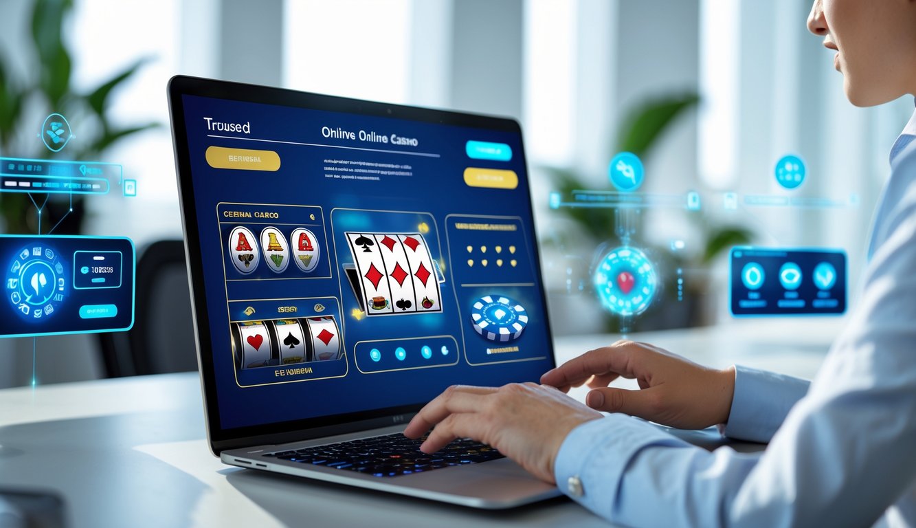 Seseorang menggunakan laptop dengan tampilan antarmuka kasino online modern di lingkungan kantor yang terang dan rapi.