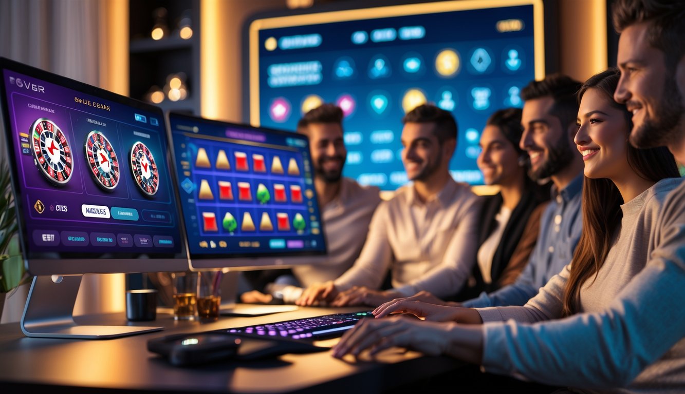 Orang-orang menikmati permainan kasino online di lingkungan rumah yang nyaman dengan komputer dan layar menampilkan berbagai permainan kasino.