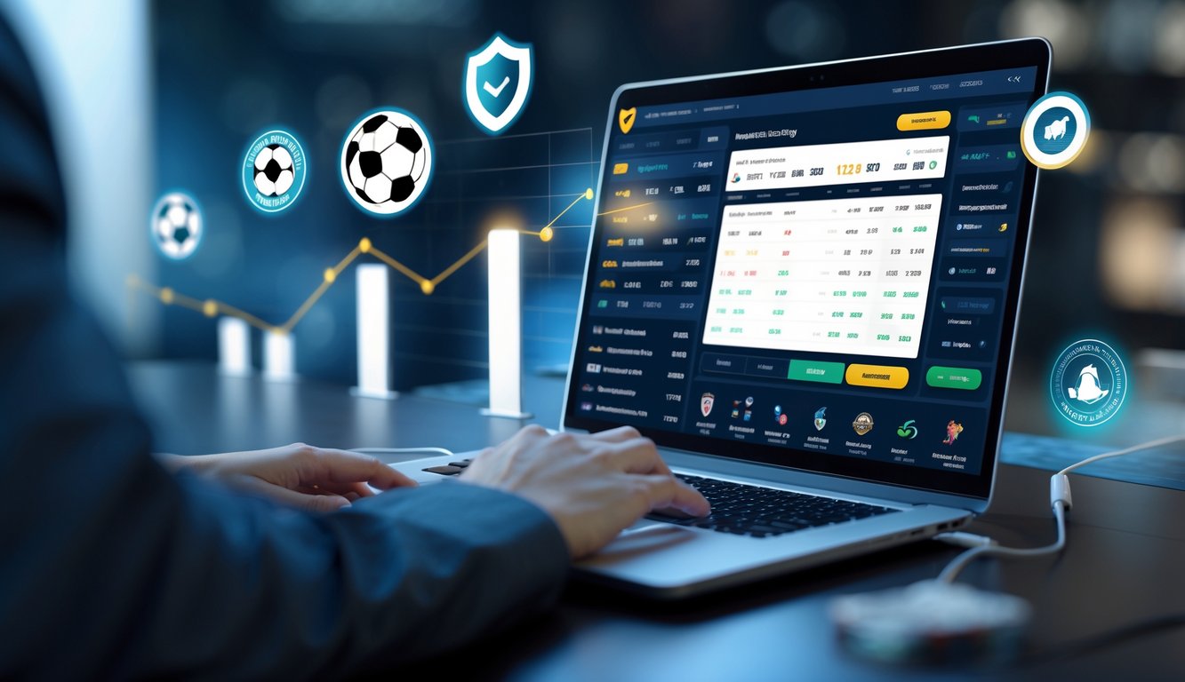 Sebuah ruang kerja modern dengan laptop yang menampilkan antarmuka taruhan olahraga online dan ikon kepercayaan di sekitarnya.