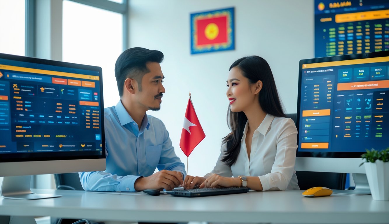 Dua orang Indonesia duduk di meja kantor modern, berdiskusi sambil melihat layar komputer yang menampilkan data taruhan olahraga online.