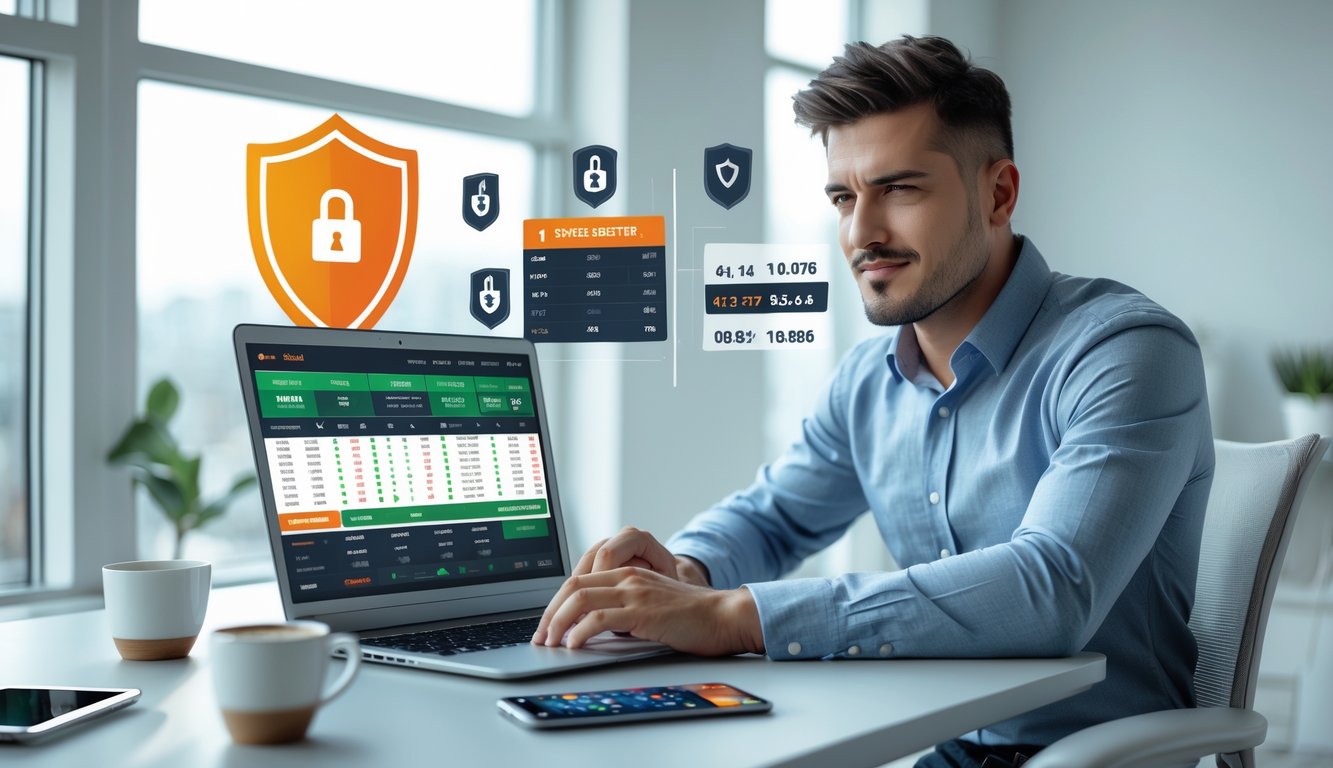 Seorang pria muda duduk di meja dengan laptop yang menampilkan data taruhan olahraga, di ruang kantor yang terang dan rapi.