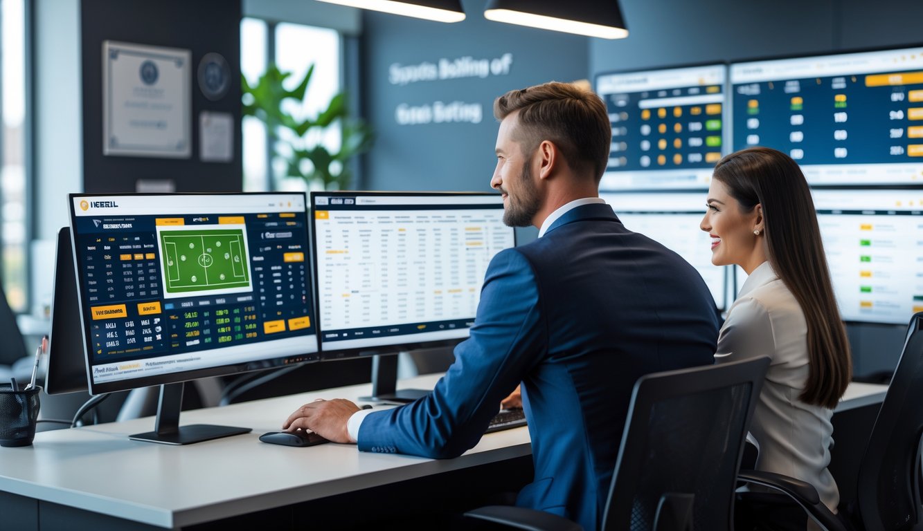 Seorang pria dan wanita sedang bekerja di depan beberapa layar komputer yang menampilkan data taruhan olahraga di sebuah kantor modern.