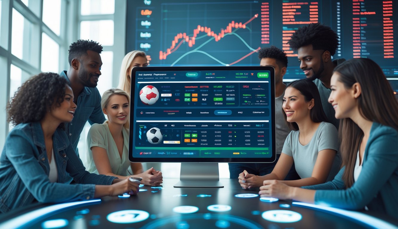 Sekelompok orang muda menggunakan perangkat digital untuk taruhan olahraga online dengan latar belakang grafik dan data pembayaran cepat.