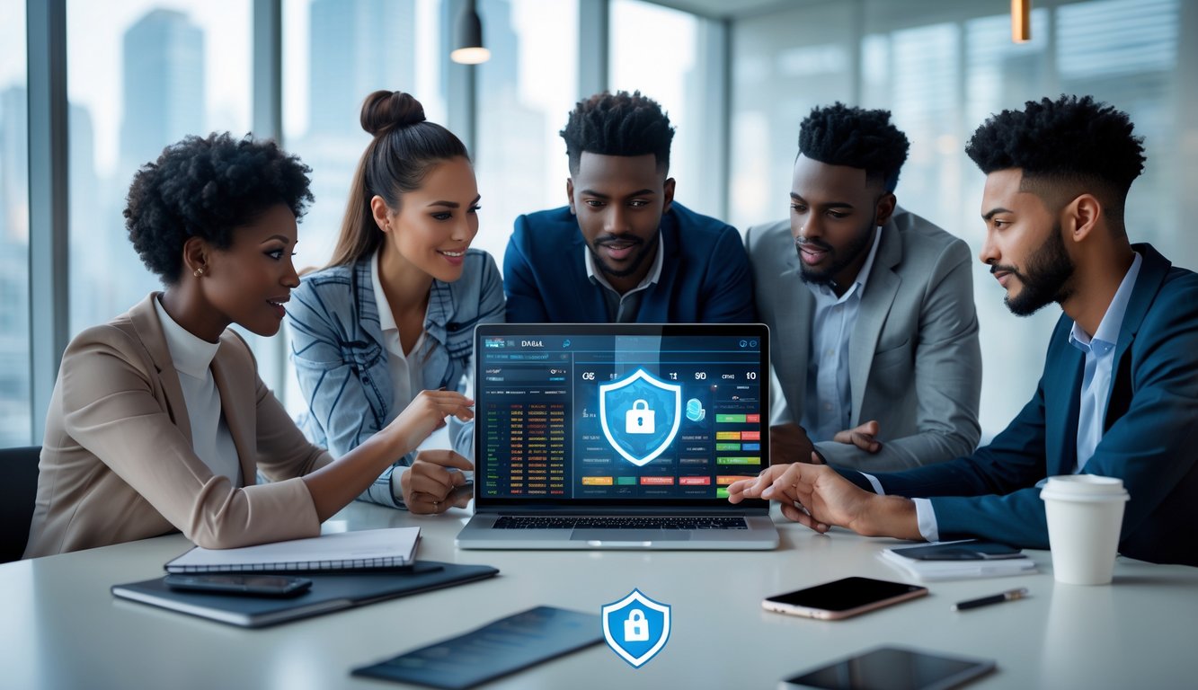 Sekelompok orang muda sedang berdiskusi di depan laptop di kantor modern, melihat data taruhan bola secara serius dan fokus.