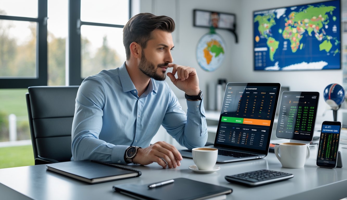 Seorang pria duduk di meja kerja dengan beberapa perangkat digital yang menampilkan data taruhan olahraga, tampak fokus dan menganalisis informasi.