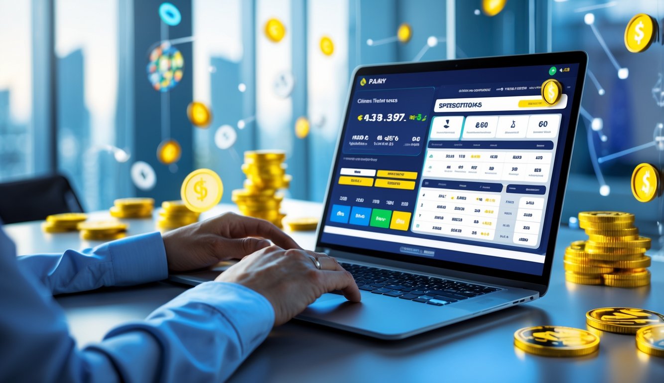 Seseorang menggunakan laptop dengan tampilan situs taruhan olahraga online yang menampilkan taruhan parlay dan simbol bonus di sekitarnya.