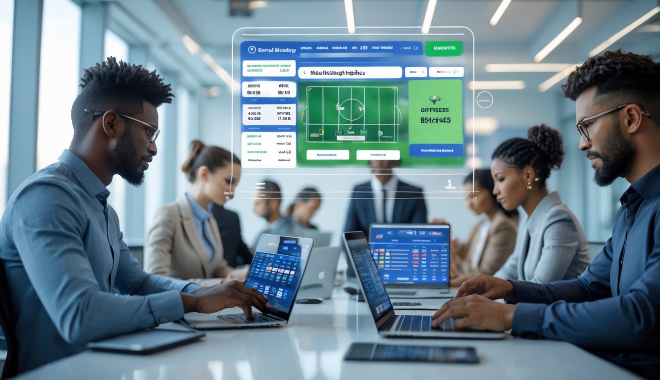 Beberapa orang menggunakan perangkat digital untuk memasang taruhan bola secara online di ruang kantor modern yang terang dan aman.