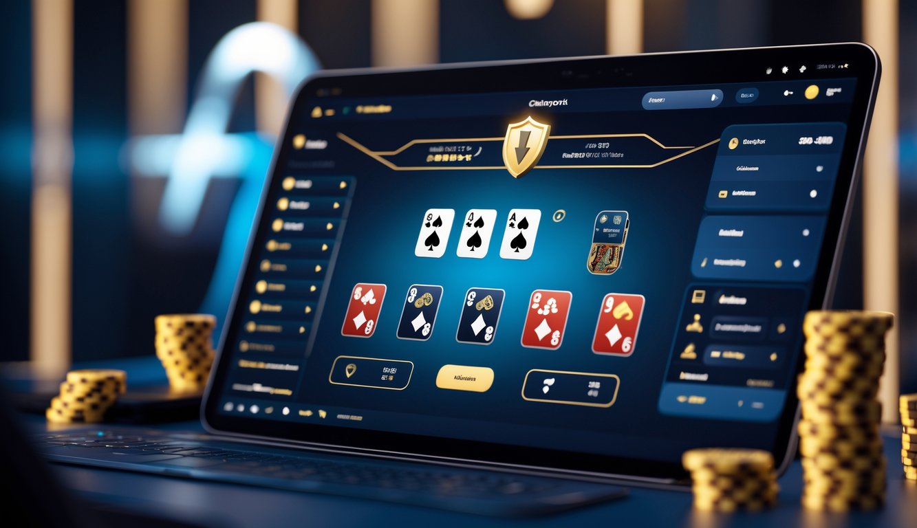 Sebuah layar komputer menampilkan permainan Casino Hold’em online dengan meja poker digital dan chip, menunjukkan suasana kasino online yang modern dan terpercaya.