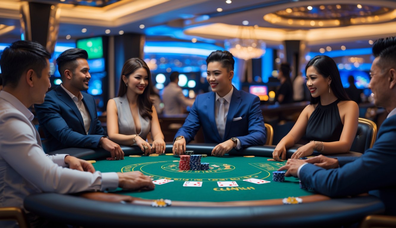 Suasana meja kasino dengan pemain yang sedang bermain poker Casino Hold’em di dalam kasino mewah.