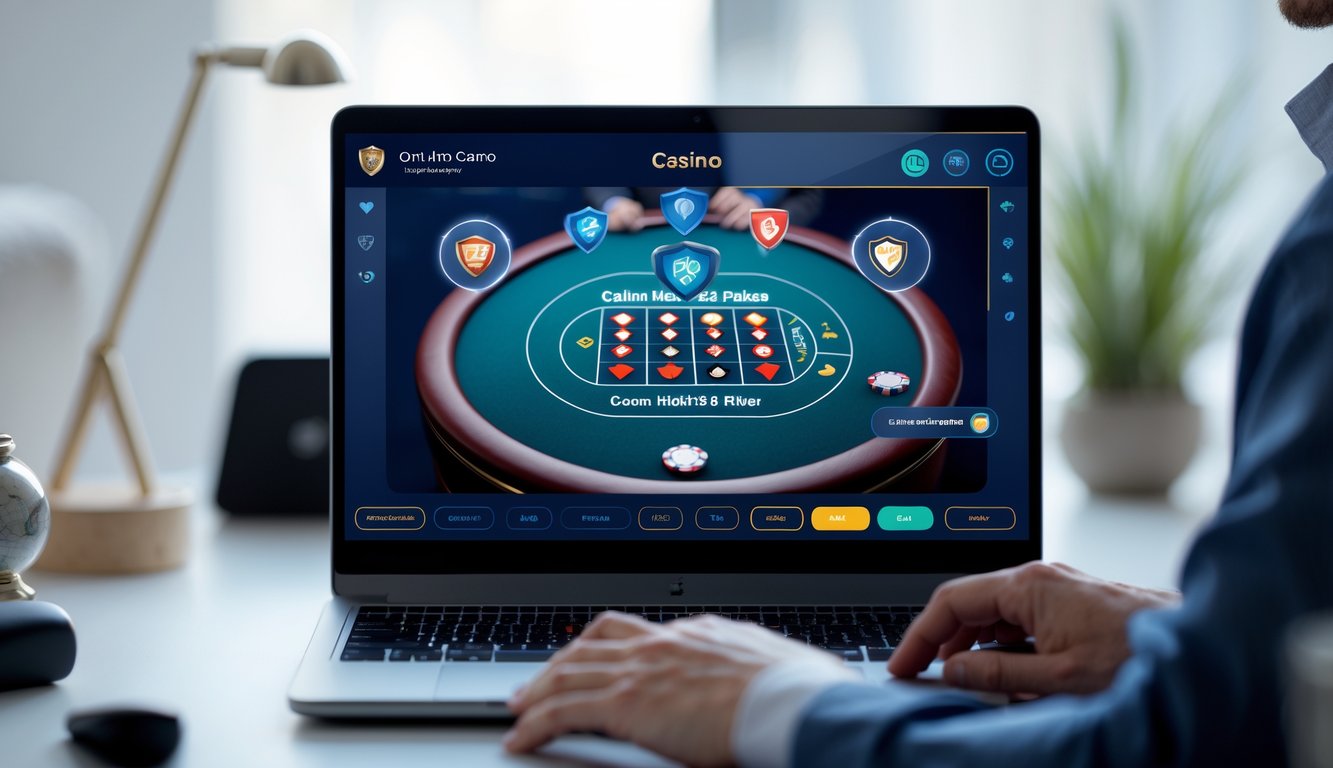 Seorang pemain menggunakan komputer dengan tampilan permainan Casino Hold’em online yang aman dan terpercaya di lingkungan rumah yang nyaman.