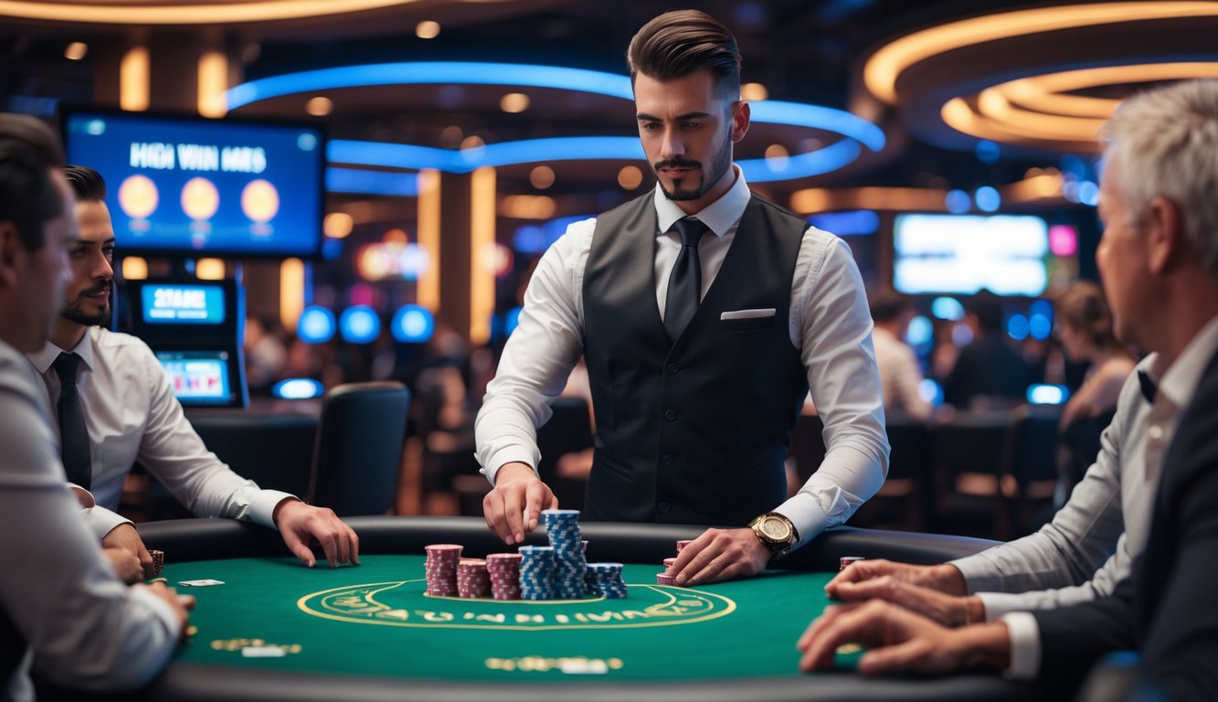 Seorang dealer profesional membagikan kartu di meja Casino Hold'em dengan pemain yang fokus di kasino modern.