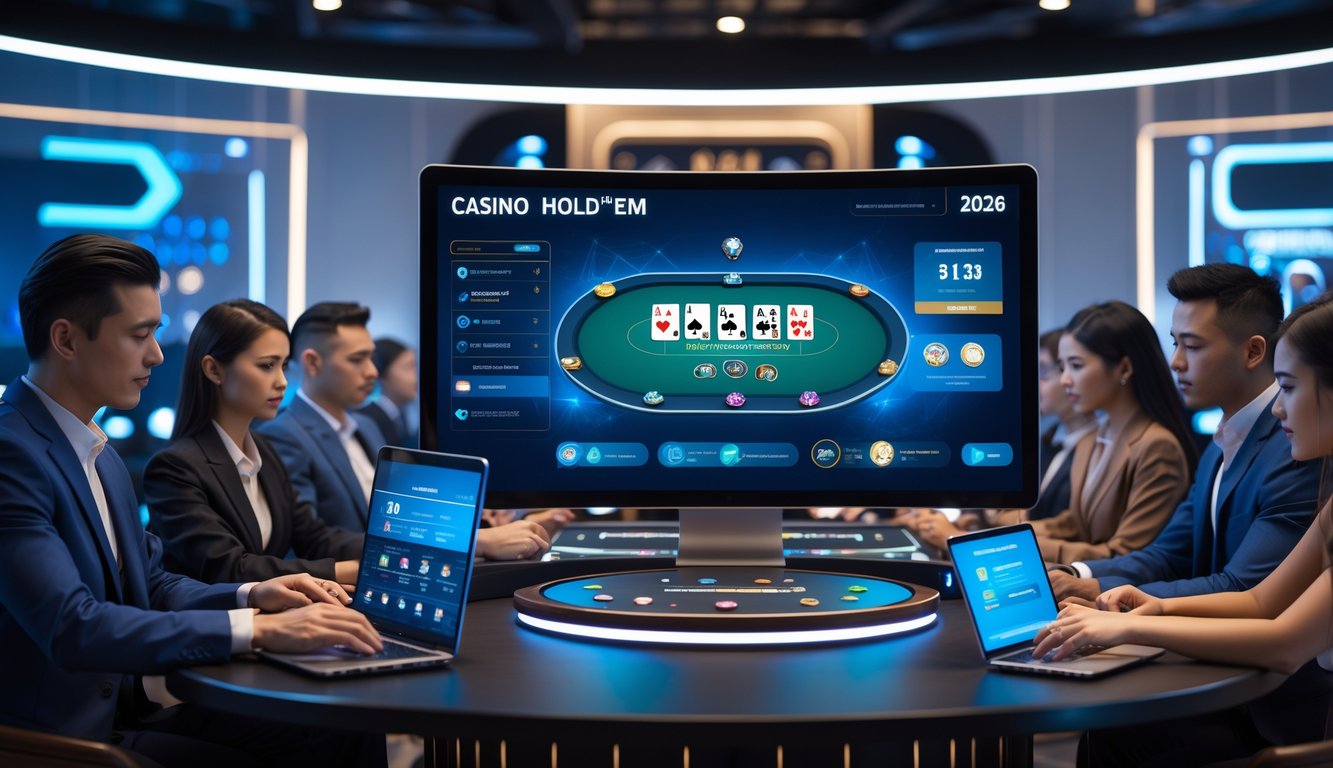 Beberapa pemain yang berpakaian rapi sedang bermain Casino Hold’em online di depan layar komputer dengan suasana modern dan teknologi canggih.