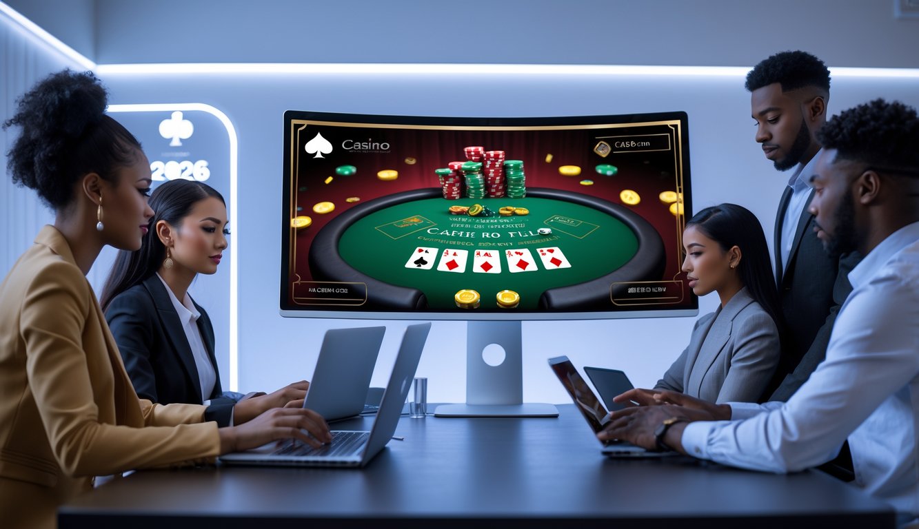 Orang-orang muda bermain permainan Casino Hold’em secara online di perangkat digital dalam suasana kasino modern yang terang dan profesional.