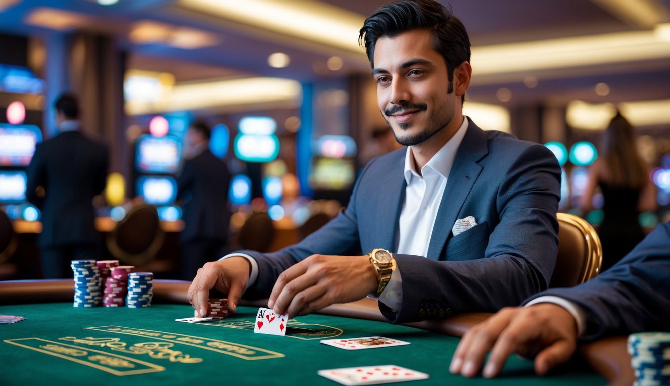 Seorang pria bermain poker Casino Hold’em di meja kasino dengan suasana mewah dan pencahayaan lembut.