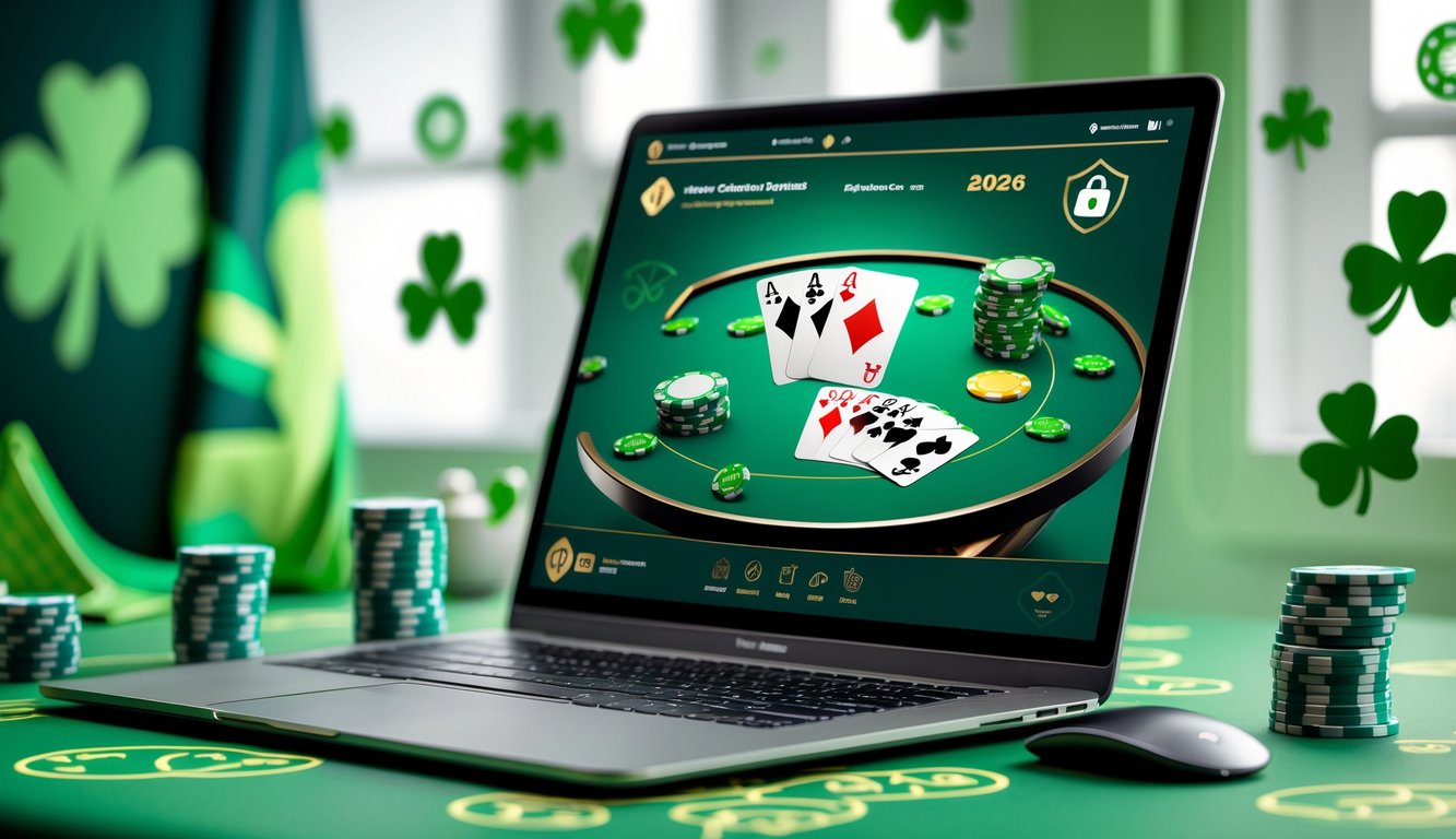 Seorang pengguna sedang bermain poker online di komputer dengan latar belakang elemen bertema Irlandia dan simbol keamanan digital.