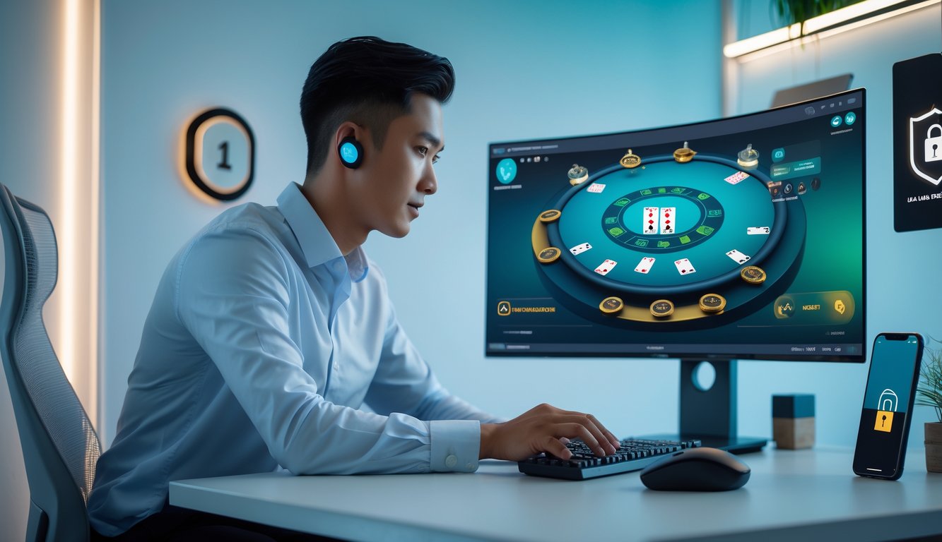 Seorang pria muda Indonesia duduk di depan komputer dengan tampilan meja poker digital, terlihat fokus bermain poker online di ruang kerja yang rapi dan terang.