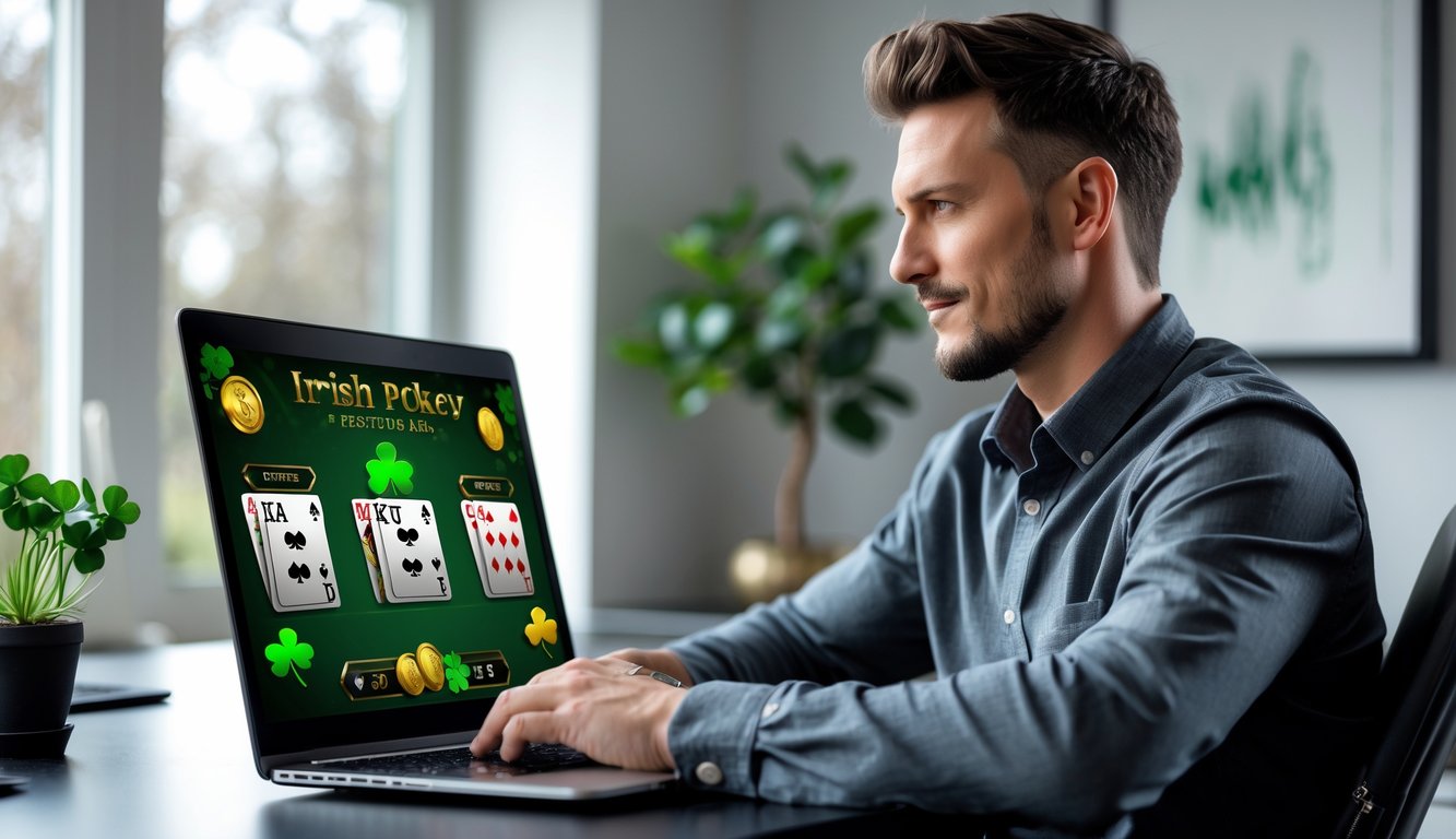 Seorang pria muda duduk di depan laptop di ruang kerja rumah yang terang, fokus pada permainan poker online dengan elemen tema Irlandia di layar.