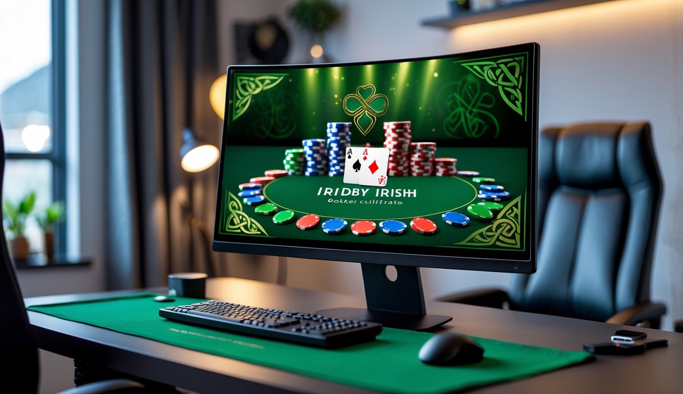 Sebuah meja poker digital dengan chip dan kartu di layar komputer dalam ruangan dengan pencahayaan hangat dan dekorasi bertema Irlandia.