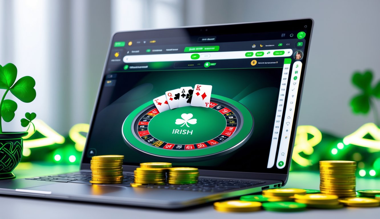 Meja poker digital di layar laptop dengan elemen bertema Irlandia seperti tanaman shamrock dan dekorasi Celtic di ruang kerja yang rapi.
