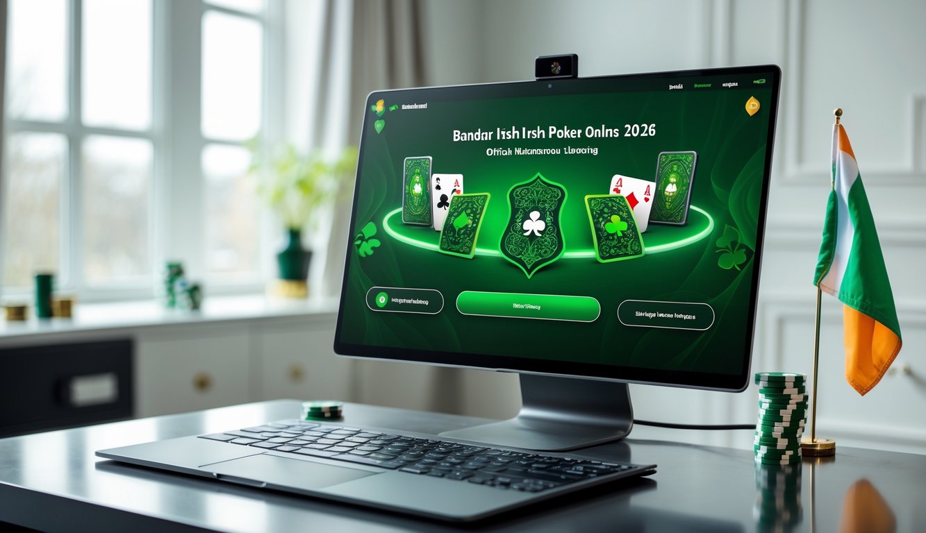 Sebuah meja dengan komputer menampilkan permainan poker online dengan tema Irlandia, di ruangan yang terang dan rapi.
