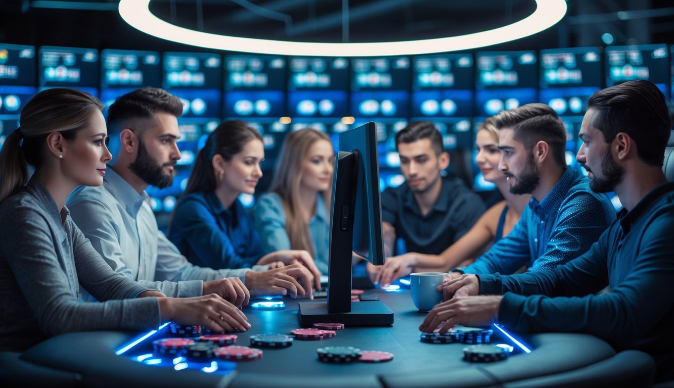 Beberapa orang sedang bermain poker online di depan komputer dengan suasana yang nyaman dan aman.