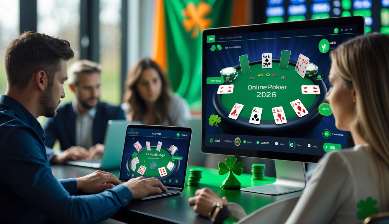 Orang-orang bermain poker online di ruangan modern dengan layar komputer menampilkan permainan poker dan elemen bertema Irlandia di latar belakang.