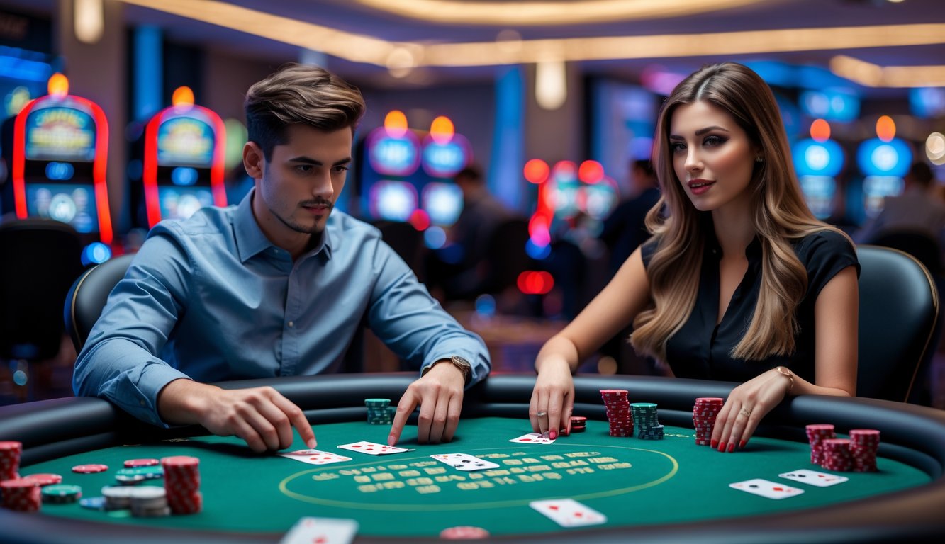 Dua orang bermain poker di meja kasino dengan suasana profesional dan pencahayaan hangat.