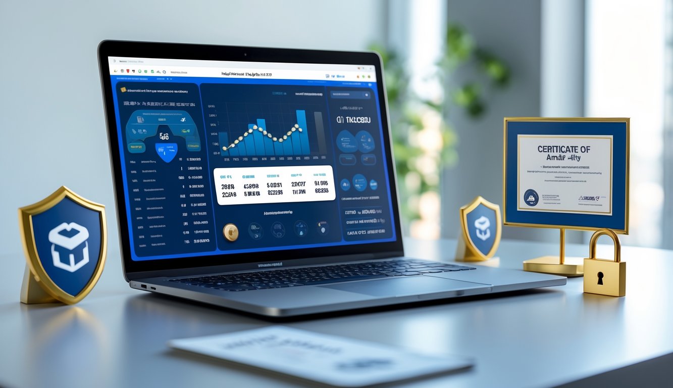 Sebuah ruang kerja modern dengan laptop yang menampilkan dashboard data lotre digital resmi, dikelilingi oleh simbol keamanan dan kepercayaan.