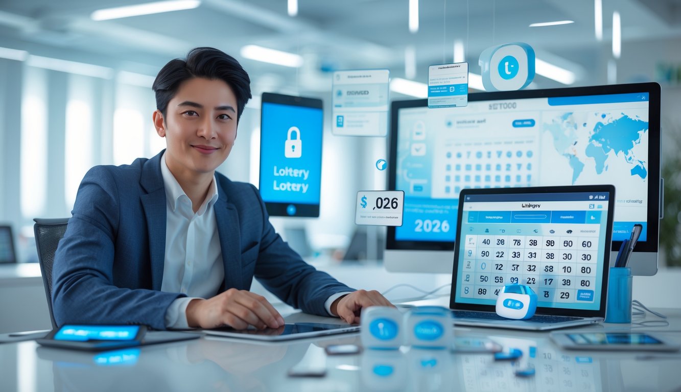 Seorang dewasa muda duduk di meja modern dengan laptop dan ponsel yang menampilkan angka lotere, di ruang kantor yang terang dan aman.