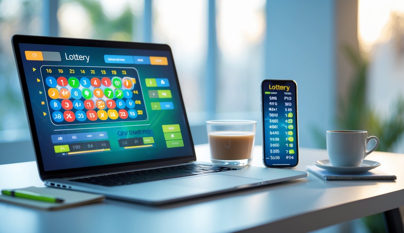 Sebuah ruang kerja modern dengan laptop menampilkan antarmuka permainan lotere online, ponsel pintar dengan hasil lotere, cangkir kopi, dan buku catatan di atas meja yang rapi.