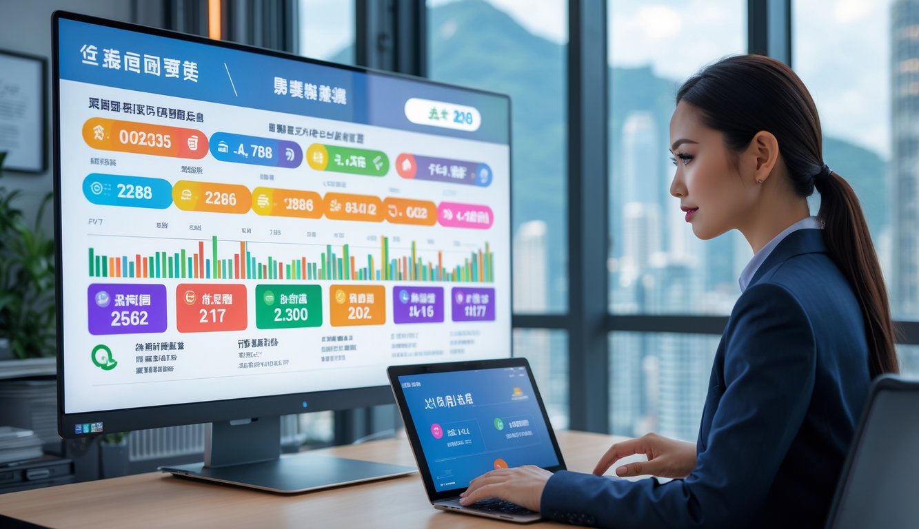 Seseorang menggunakan laptop di kantor modern dengan layar menampilkan antarmuka platform lotere online Hong Kong yang terpercaya.