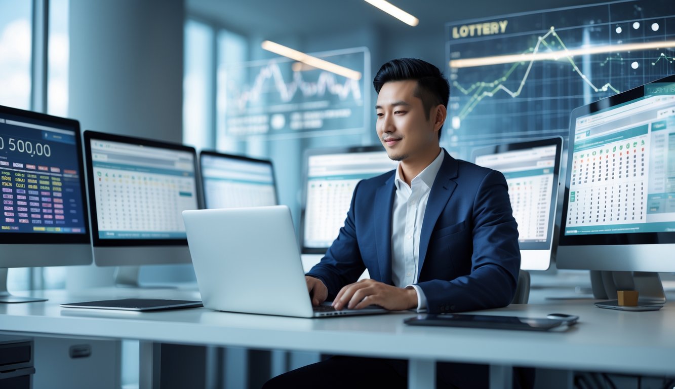 Seorang pria Asia duduk di meja modern dengan beberapa layar komputer yang menampilkan angka togel dan grafik, menggunakan laptop dan ponsel di kantor yang terang dan rapi.