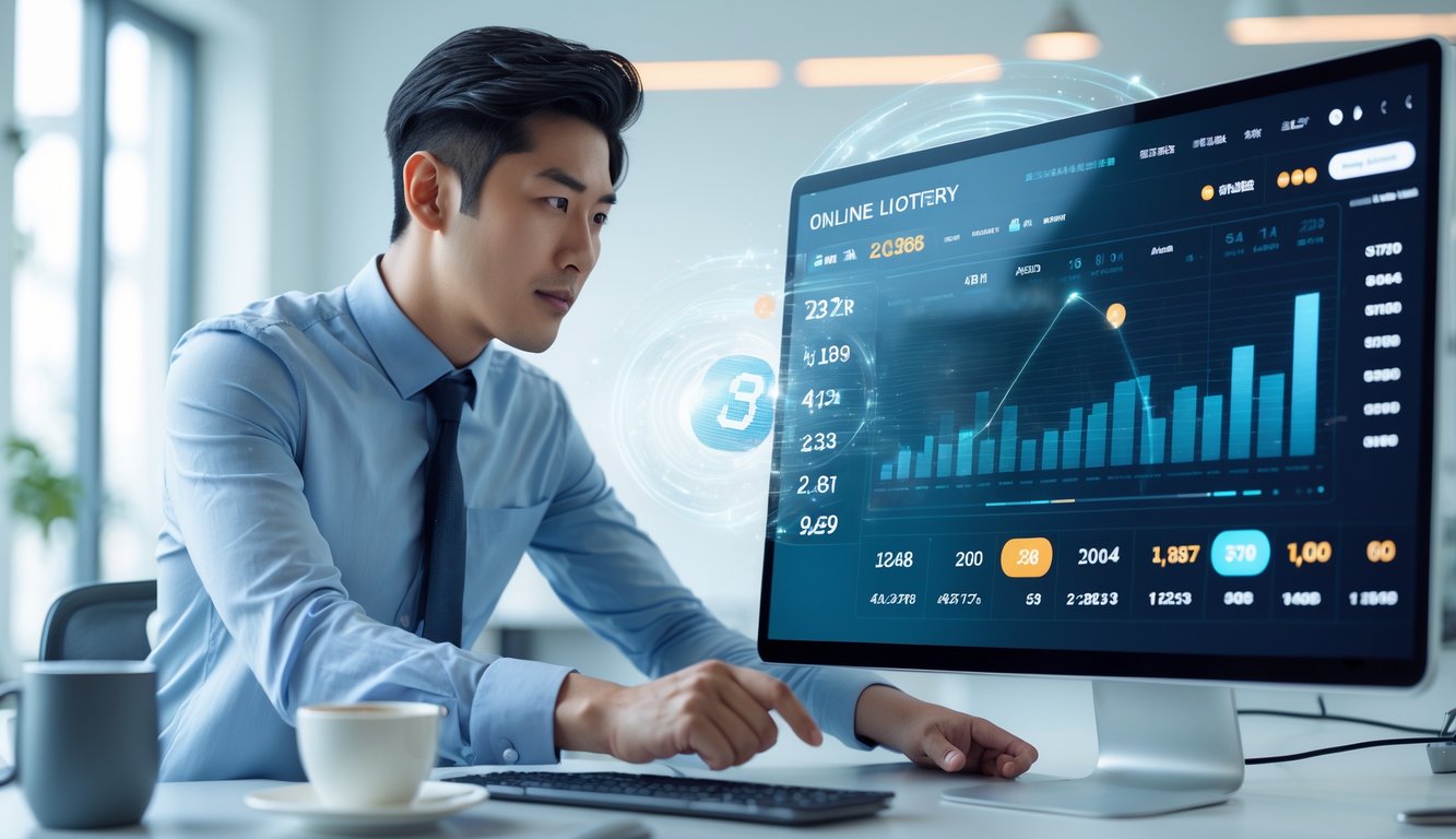 Seorang pria muda sedang menggunakan komputer dengan tampilan antarmuka lotere online di sebuah kantor yang terang dan rapi.