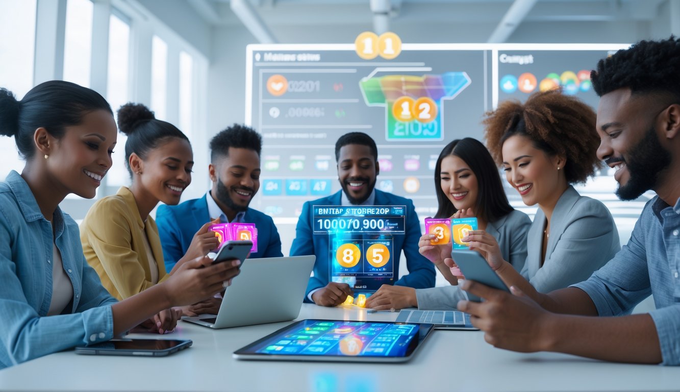 Orang-orang menggunakan perangkat digital untuk bermain lotre online di lingkungan kantor modern.