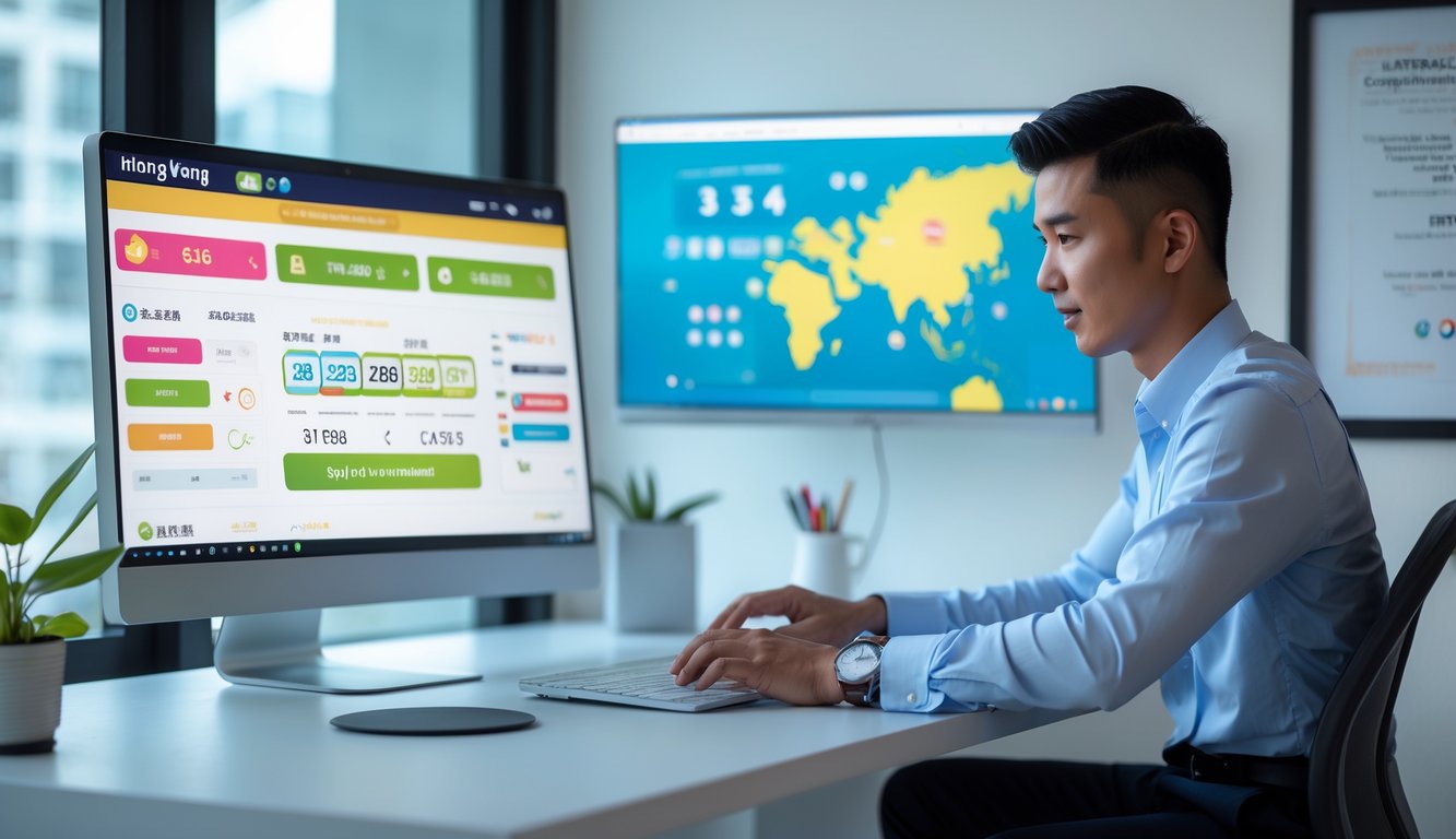 Seorang pria Indonesia sedang bekerja dengan komputer di meja modern, menampilkan situs togel online dengan grafik dan angka, di ruangan terang dengan jendela di samping.