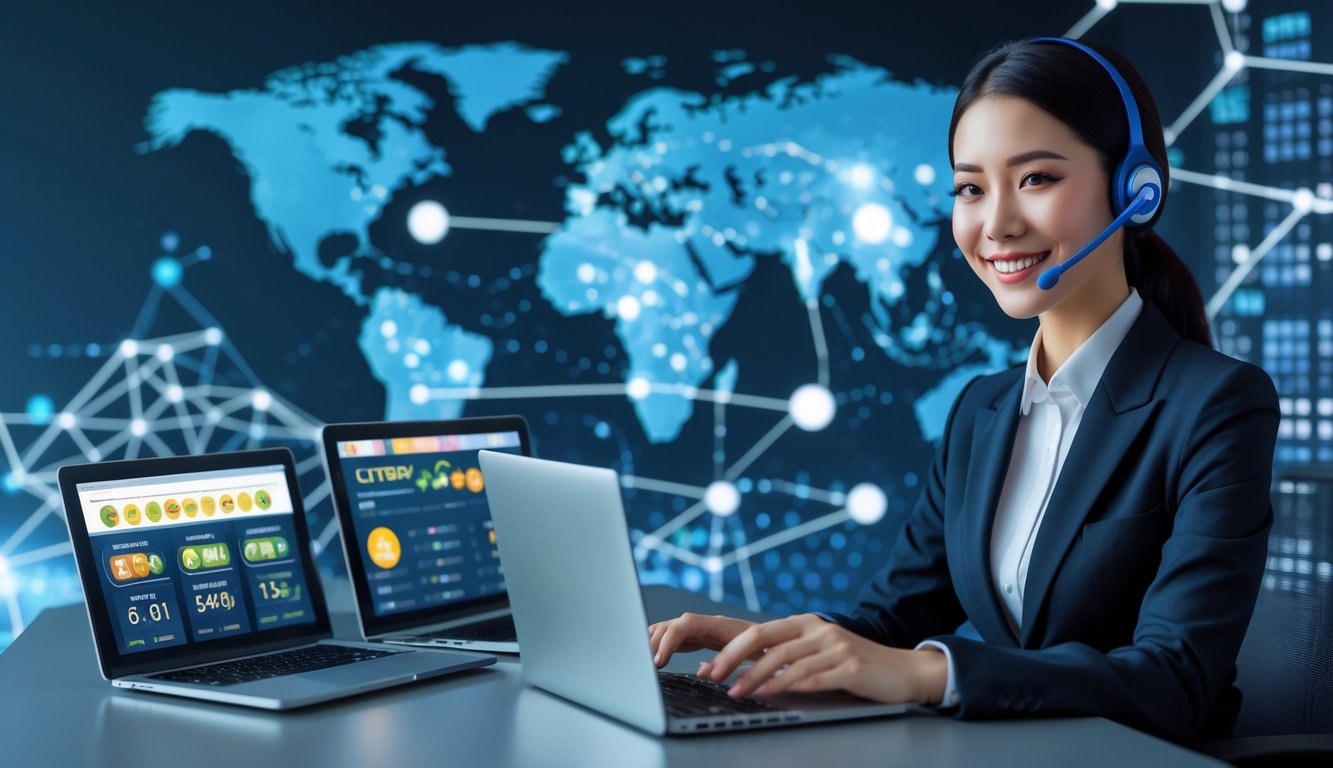 Seorang staf layanan pelanggan yang ramah dengan headset duduk di meja kerja modern dengan laptop dan ponsel, menunjukkan suasana layanan togel online yang dapat dipercaya dan tersedia 24 jam.