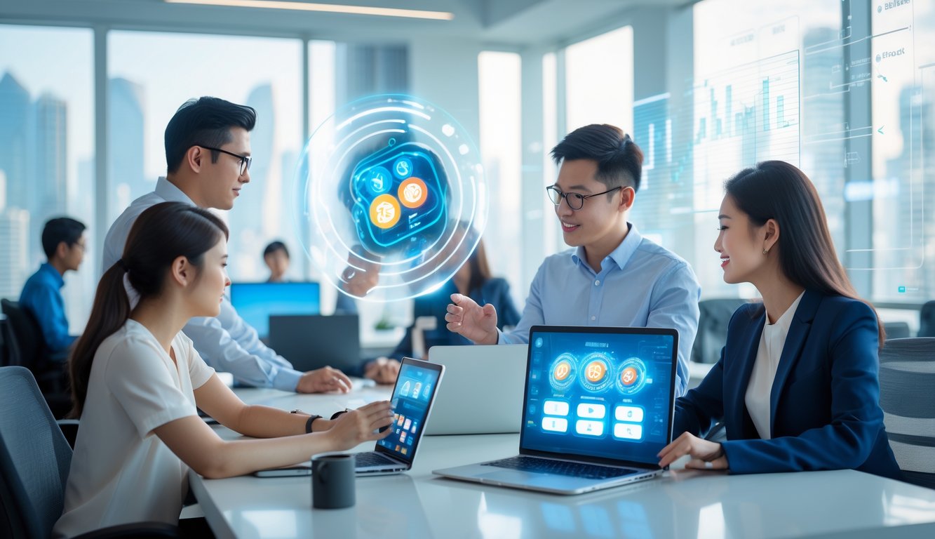 Orang-orang di ruang kerja modern menggunakan laptop dan ponsel untuk bermain togel online dengan suasana yang cerah dan profesional.