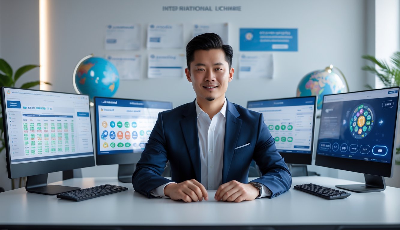 Seorang pria Asia duduk di depan komputer dengan tampilan antarmuka lotere online di kantor modern.