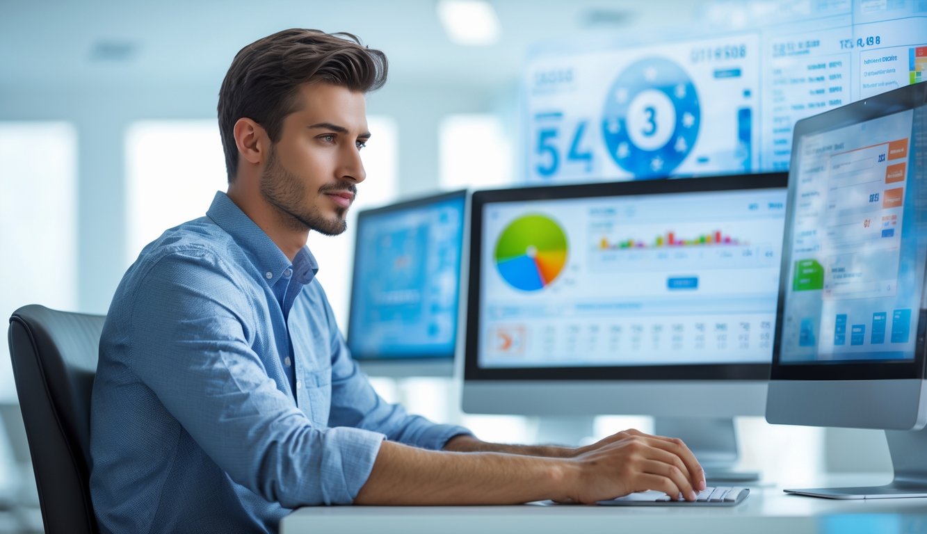 Seorang pria muda duduk di depan beberapa layar komputer dengan grafik dan angka, menunjukkan suasana kerja di lingkungan digital modern.