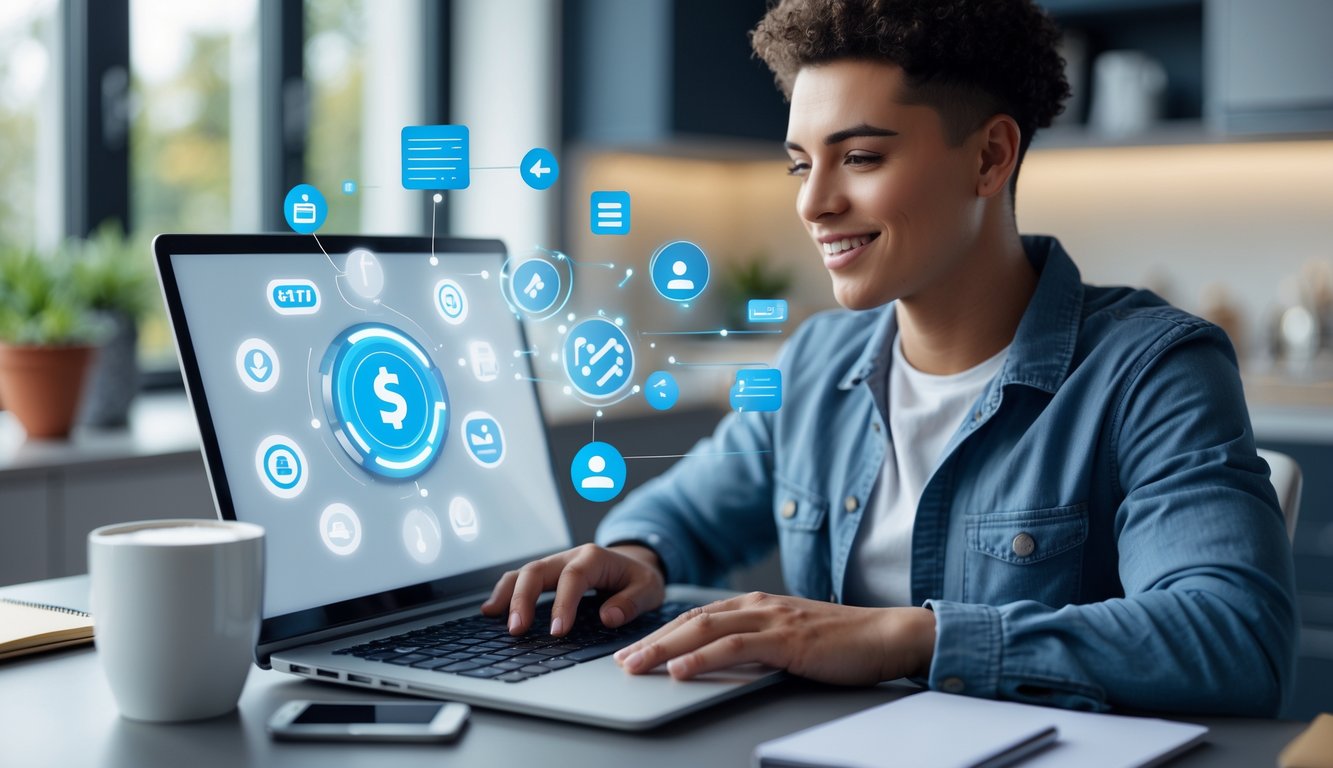 Seorang dewasa muda sedang menggunakan laptop di ruang kerja modern dengan suasana yang tenang dan profesional.