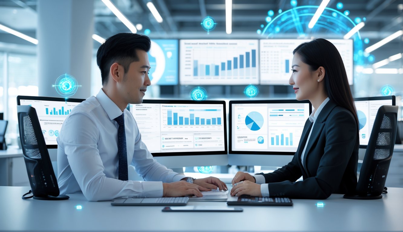 Dua profesional bekerja bersama di kantor modern dengan layar komputer menampilkan data dan grafik lotere.