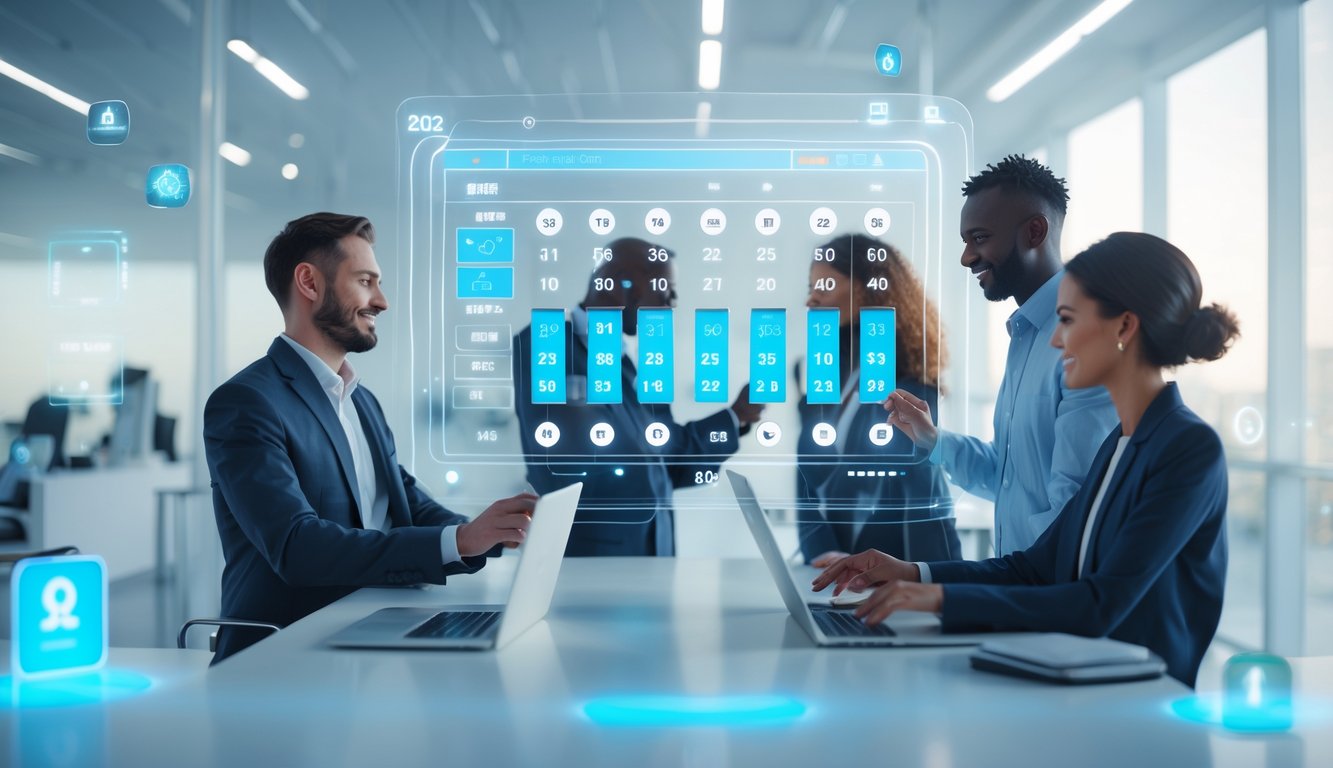 Orang-orang yang sedang menggunakan teknologi digital untuk bermain lotere online di sebuah kantor modern.