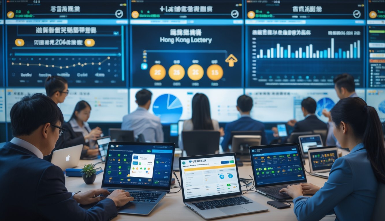 Orang-orang menggunakan perangkat digital di kantor modern dengan layar besar menampilkan data lotere Hong Kong.