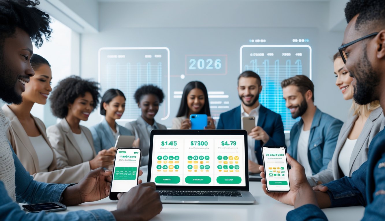 Sekelompok orang menggunakan perangkat digital untuk bermain togel online dengan suasana modern dan teknologi canggih.