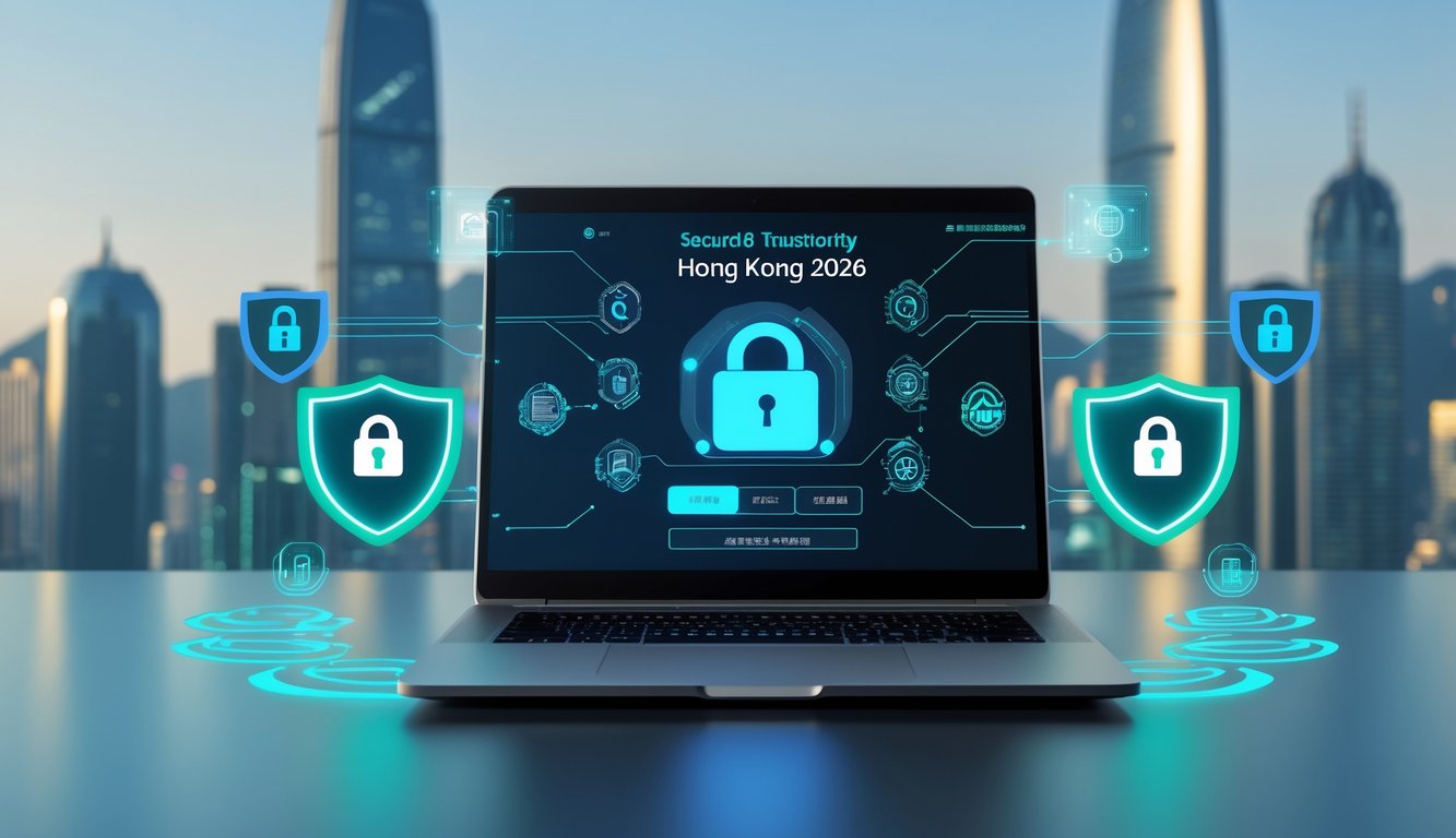 Seorang profesional menggunakan laptop dengan ikon keamanan digital dan latar belakang kota modern Hong Kong.
