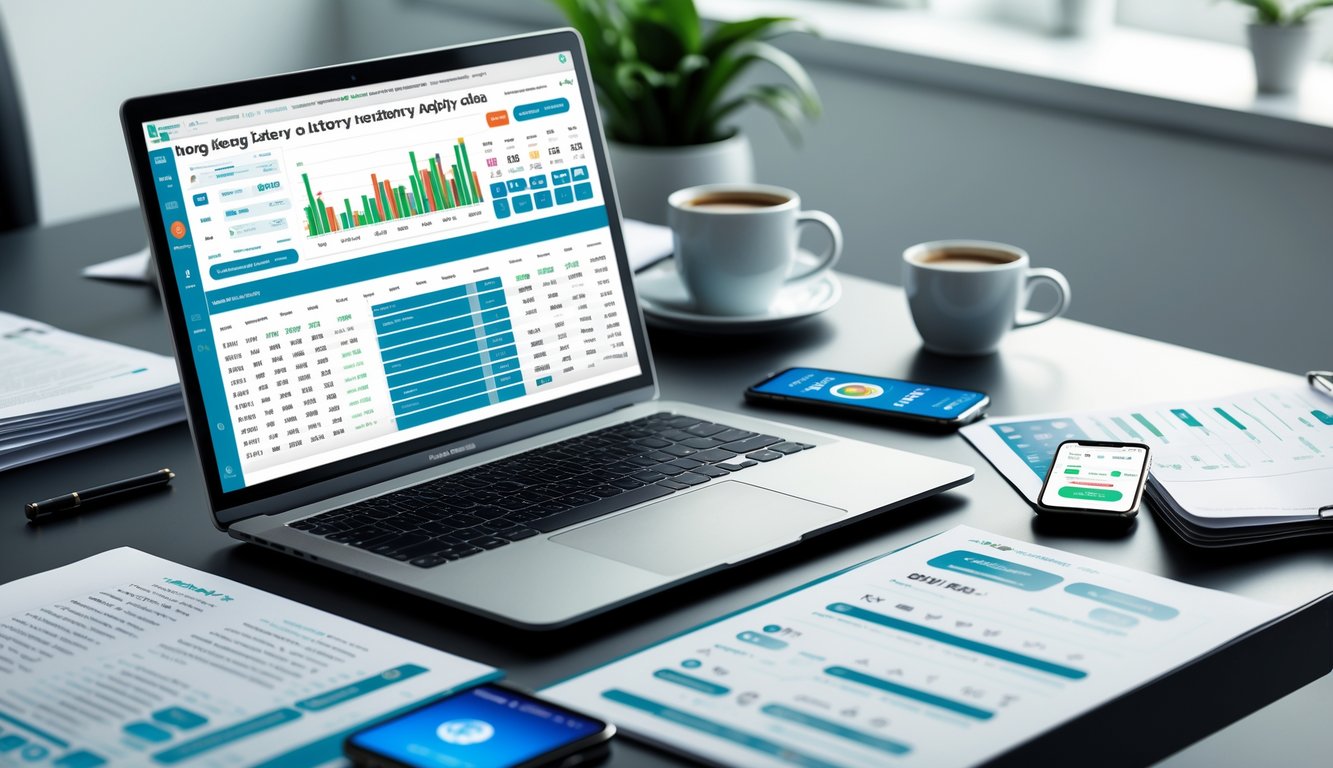 Sebuah ruang kerja modern dengan laptop yang menampilkan grafik data lotere, ponsel dengan aplikasi lotere, dan dokumen di atas meja, menunjukkan analisis data lotere online Hong Kong tahun 2026.