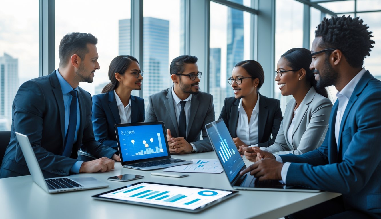 Sekelompok profesional bisnis sedang berdiskusi di meja kantor modern dengan pemandangan kota di luar jendela.