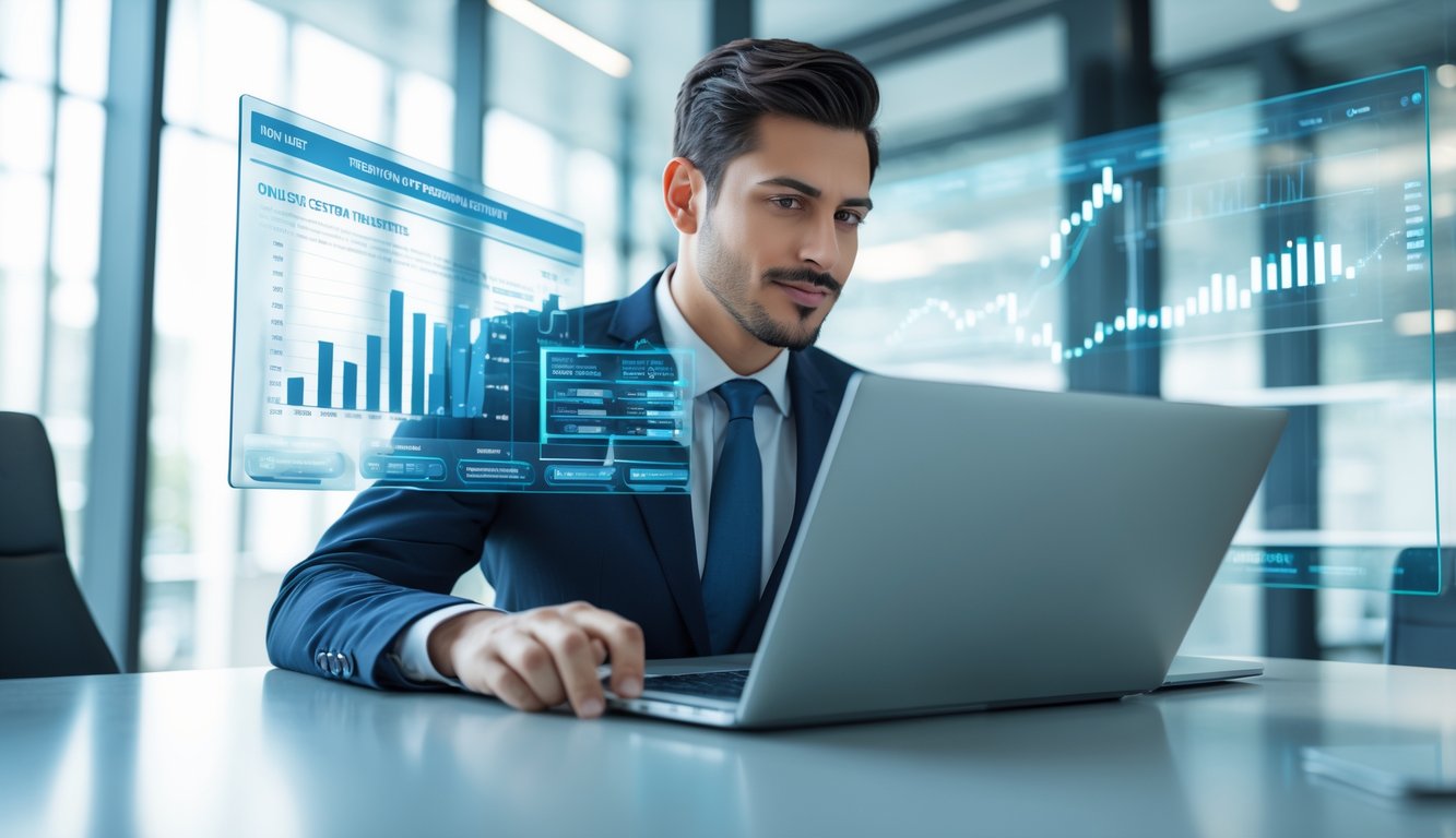 Seorang profesional menggunakan laptop di kantor modern dengan latar belakang teknologi dan grafik keuangan.