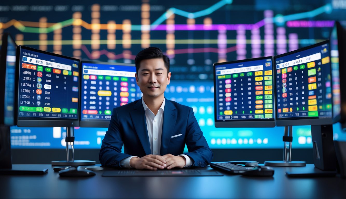 Seorang pria Asia duduk di meja dengan beberapa layar komputer menampilkan grafik dan angka lotere Hong Kong.