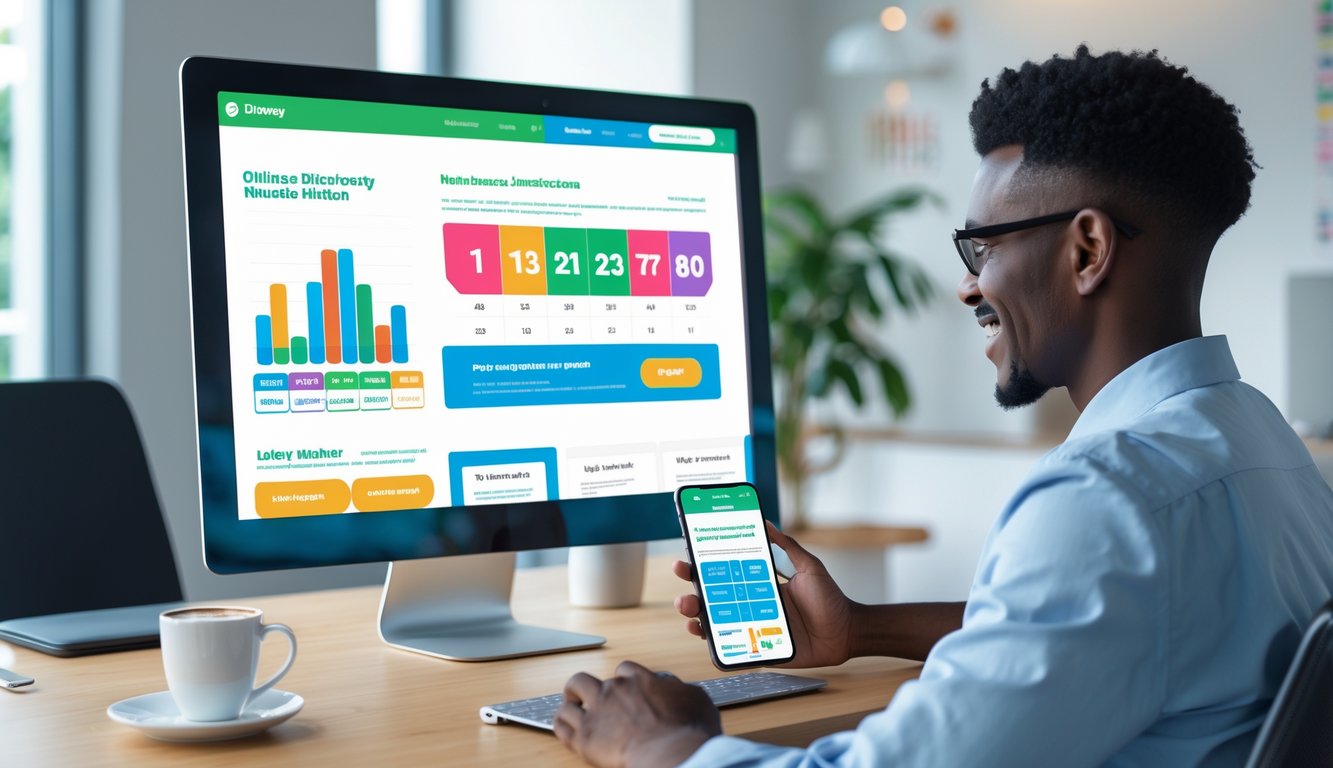 Seorang pengguna sedang menggunakan komputer dan ponsel dengan tampilan situs togel online yang mudah digunakan di meja kerja modern.